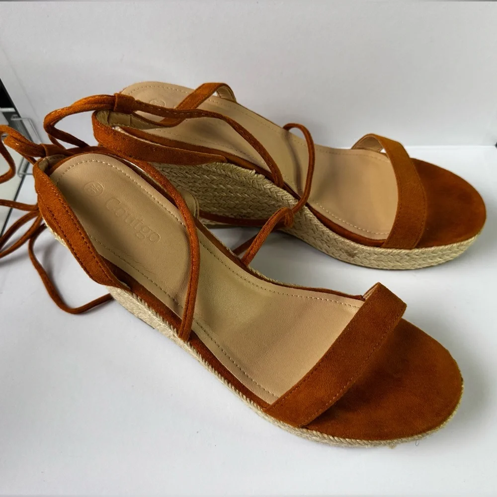Espadrille Lace-Up Wedge Sandals Brown Suede Strappy Platform Size 9.5